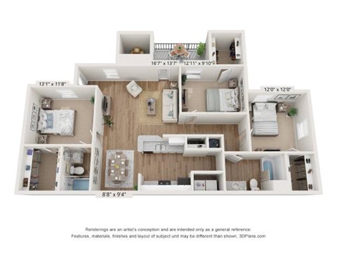 Floor plan for 3 beds, 2 baths, 1110 sqft